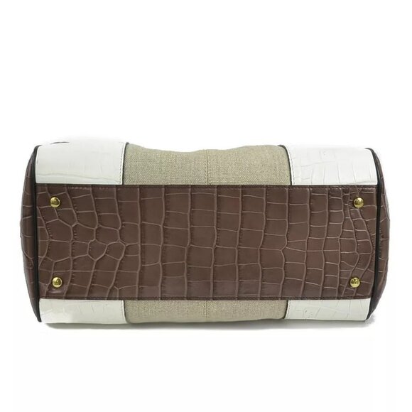 Auth TOD’S Handbag Shoulder Bag Brown/White Embossed Leather/Canvas - Picture 12 of 13